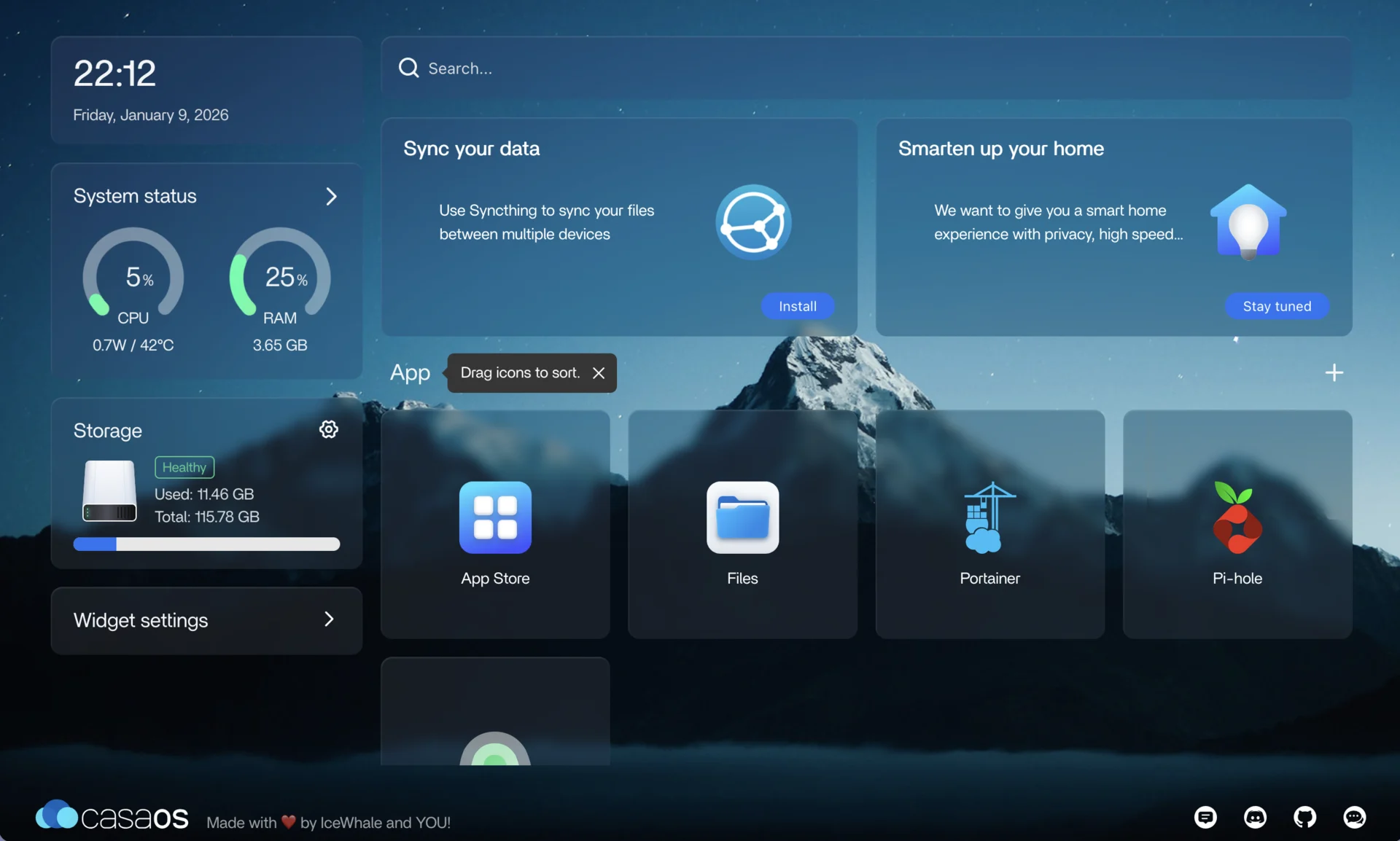 CasaOS dashboard showing the services running on the laptop