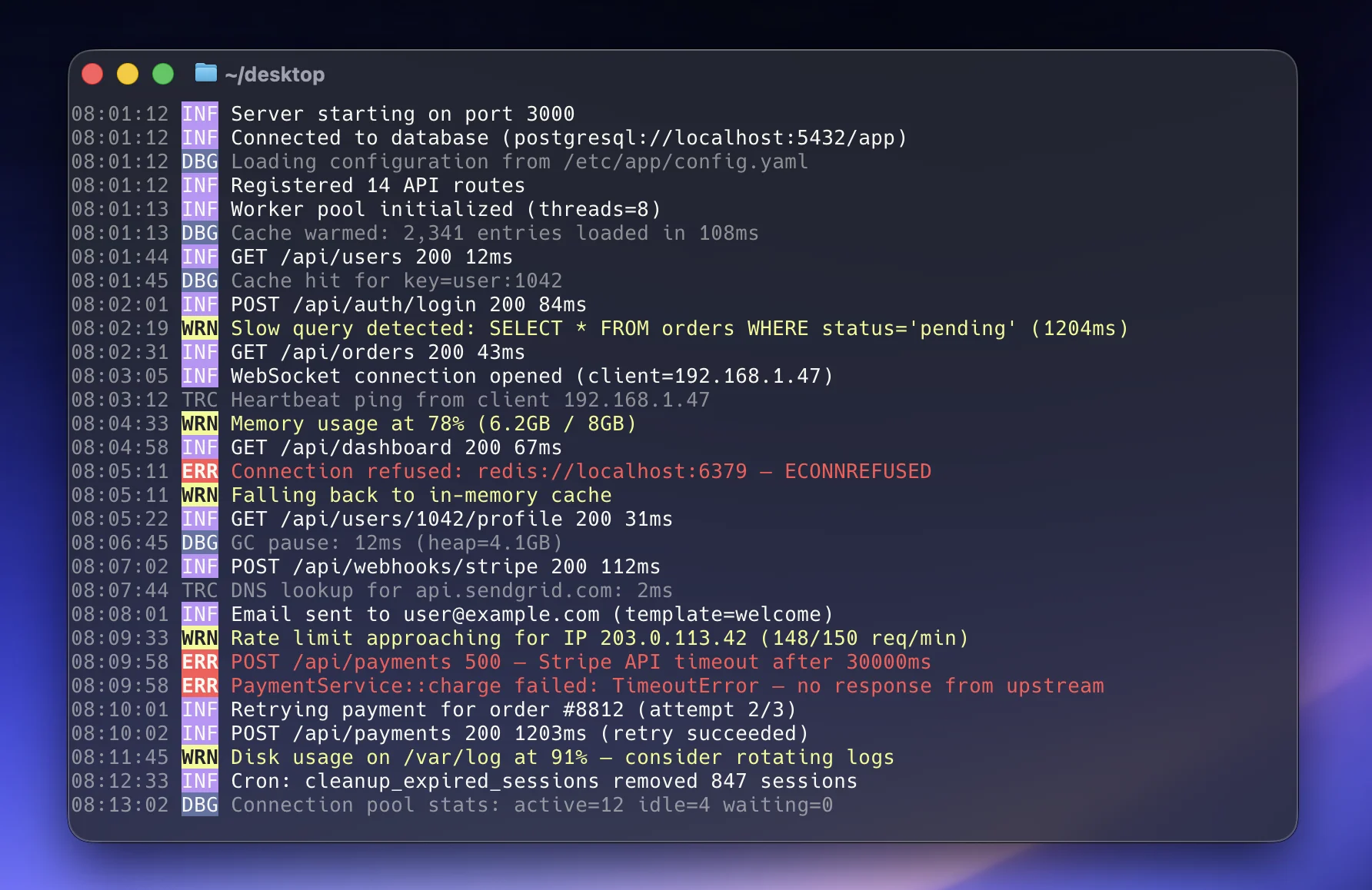 loggrep CLI tool showing color-coded log output in a terminal
