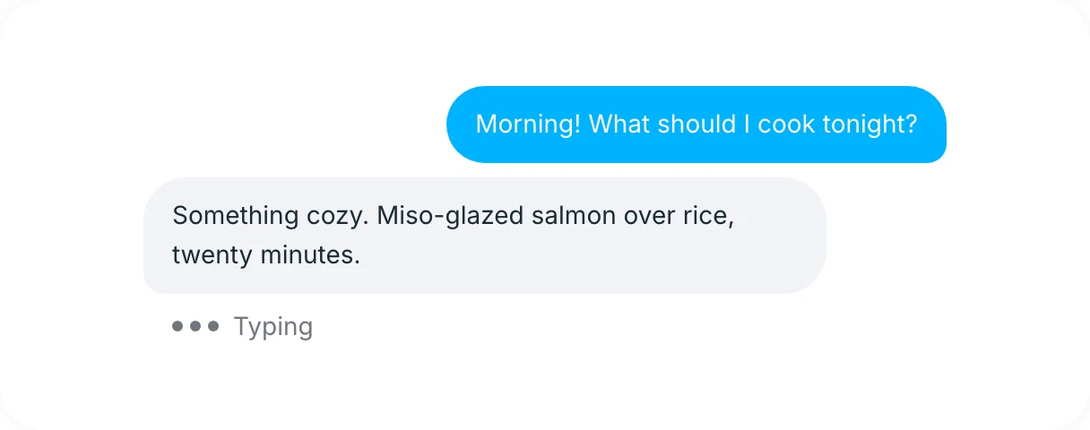 Production Mizu Chat Bubble component showing user, assistant, and typing states