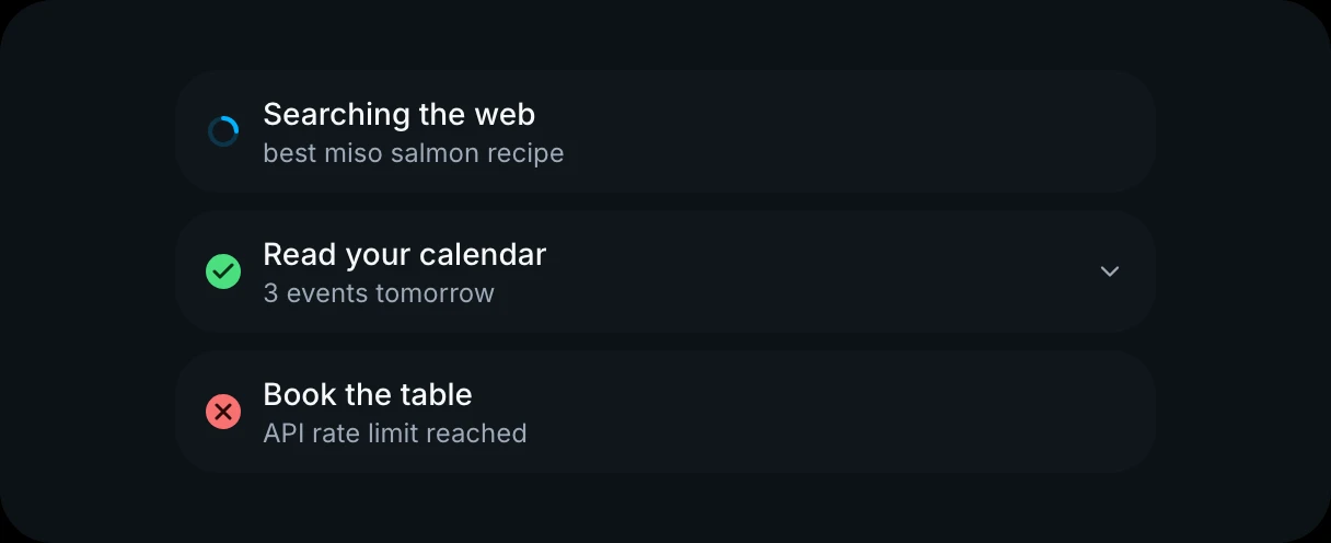 Production Mizu Tool Call component showing active, completed, and failed actions